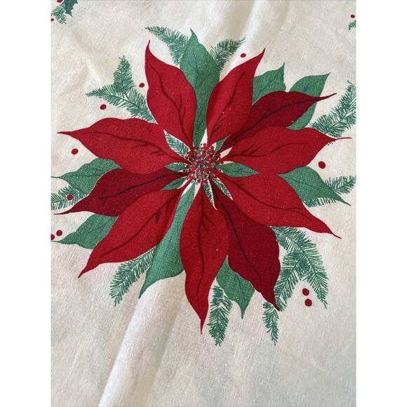 Vtg Christmas Red Poinsettia Holly Tablecloth 84x51” Rectangular Fabric FLAWS - Picture 4 of 16